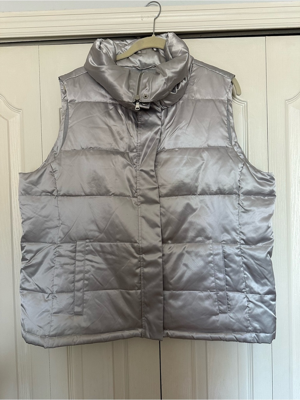 Talbots Satin-Look Silver Quilted Puffer Vest